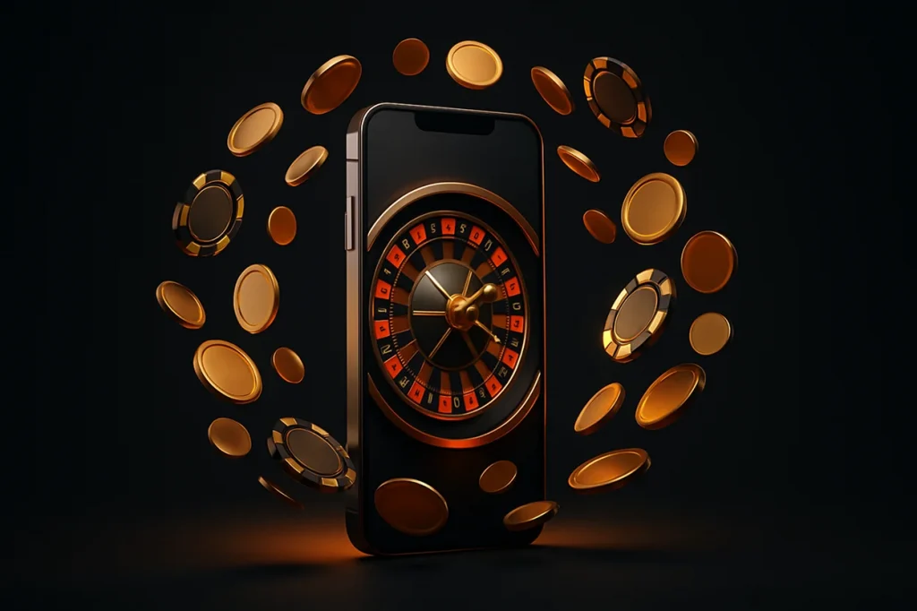 Online Casino 5 Euro Einzahlung - Spieler mit Smartphone und Casinospiele im Hintergrund