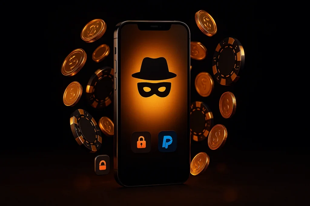 Online Casino ohne Verifizierung - Spieler nutzt Smartphone für anonymes Casino-Spiel mit Paysafecard und PayPal